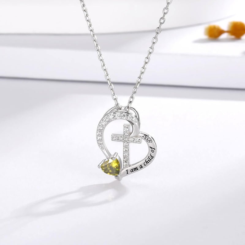 MANBU Sterling Silver Cross Necklace for Girls: Heart Birthstone I am a Child of God Pendant Religious Jewelry Baptism First Communion Confirmation Gifts for Teens - Image 2